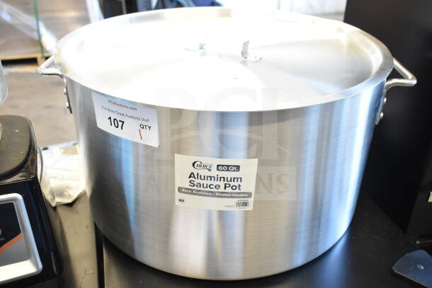BRAND NEW Choice 471SAP60QT 60 Qt. Aluminum Sauce Pot, scratch and dent condition, riveted handles, NSF certified.