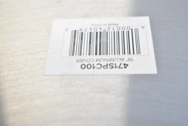 Barcode label on Choice 471SAP60QT, 60 Qt. aluminum sauce pot; brand new with scratches and dents. Model and cover details visible.