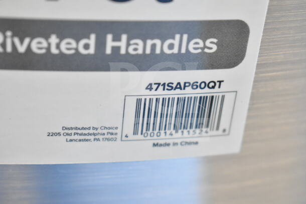 "Choice 471SAP60QT 60 Qt. Aluminum Sauce Pot label, scratch and dent condition, made in China, distributed by Choice."