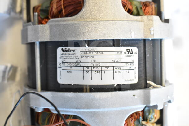 Brand new Nidec motor, 120 volts, 1 phase. Label shows model, specs, and minor scratches.