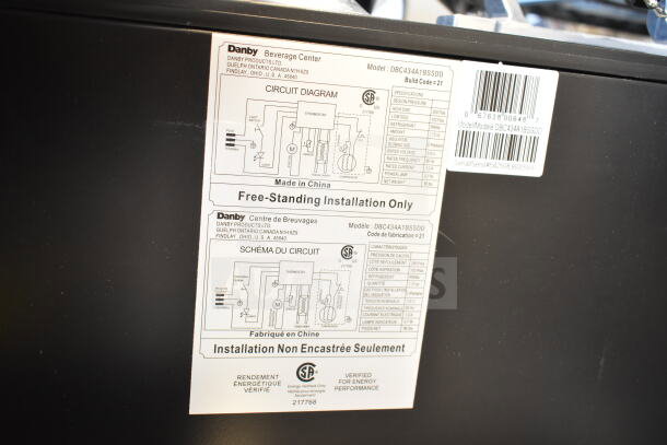 Danby DBC434A1BSSDD beverage refrigerator circuit diagram and specifications label, indicating model, voltage, and installation notes.