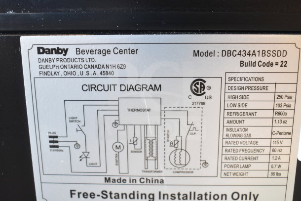 Danby DBC434A1BSSDD beverage refrigerator label showing circuit diagram, specifications, and model details.