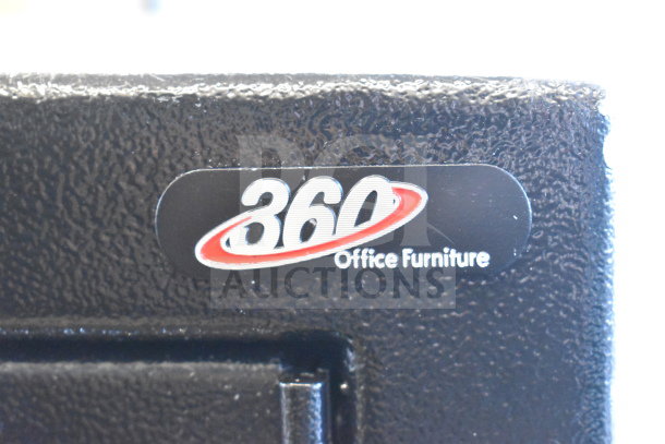 "360 Office Furniture" black steel depository safe with electronic keypad lock, features independent top locker. Brand label visible.