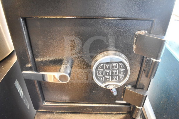 BRAND NEW 360 Office Furniture black steel depository safe, 14"x14"x27 1/4", with electronic keypad, independent top locker.