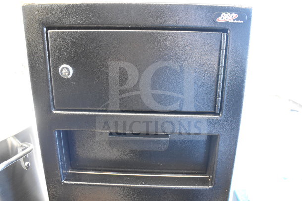 BRAND NEW 360 Office Furniture black steel depository safe, 14" x 14" x 27.25", electronic keypad lock, top locker.