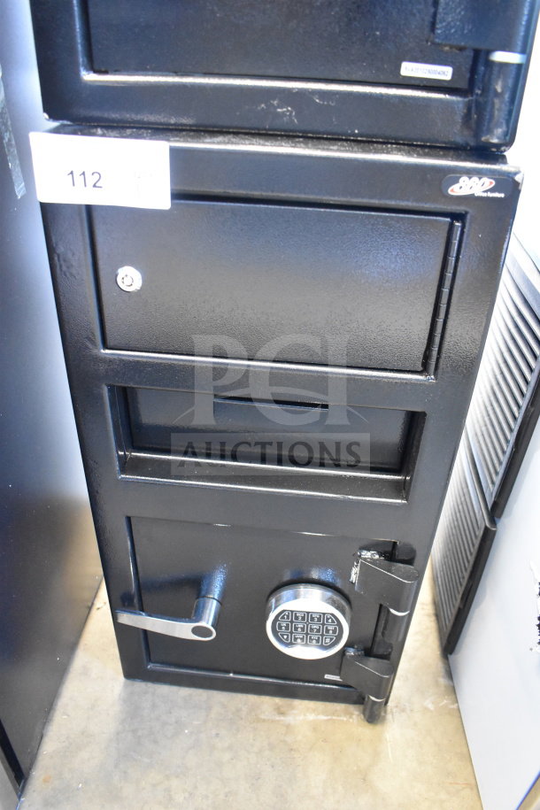 Black 360 Office Furniture depository safe, 14"x14"x27.25", steel, electronic keypad lock, top locker, brand new condition.