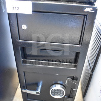 Black 360 Office Furniture depository safe, 14"x14"x27.25", steel, electronic keypad lock, top locker, brand new condition.