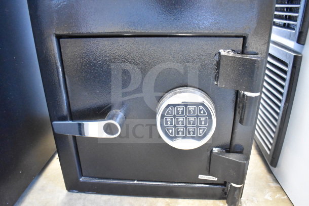 Black steel depository safe with electronic keypad lock, dimensions 14" x 14" x 27 1/4", independent top locker.