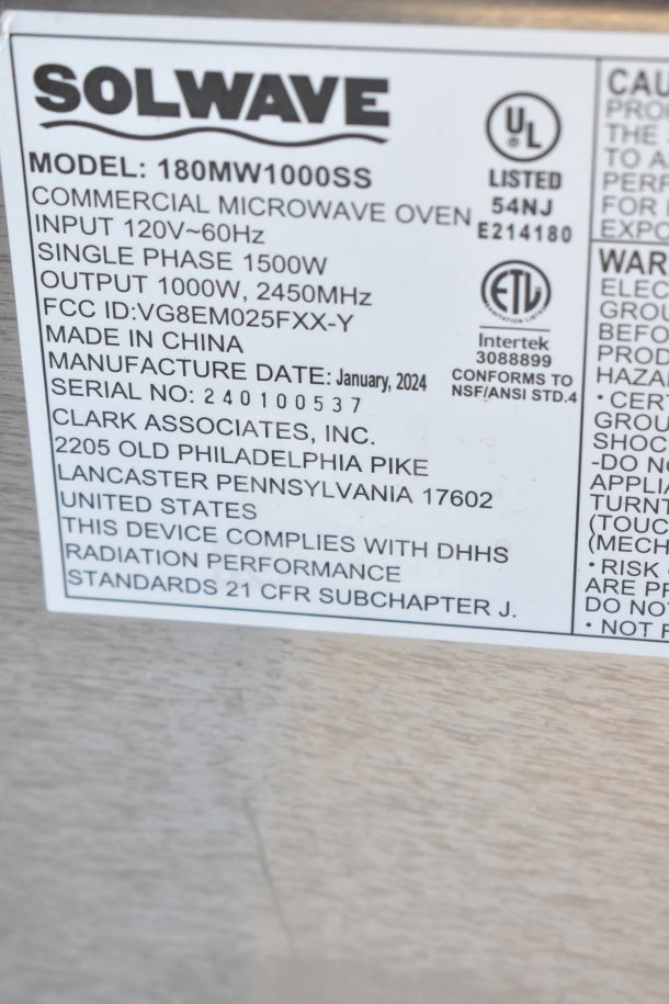 Solwave 180MW1000SS Commercial Microwave label, 120V, 1500W, new condition, FCC ID VG8EM025FXX-Y, made in China, January 2024.