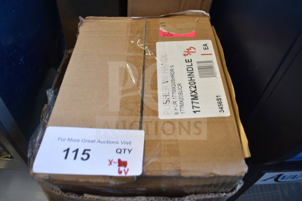 Cardboard box with visible label for Avantco 177MX20HNDLE Feed Chute Pusher. Box appears new with minor dents.