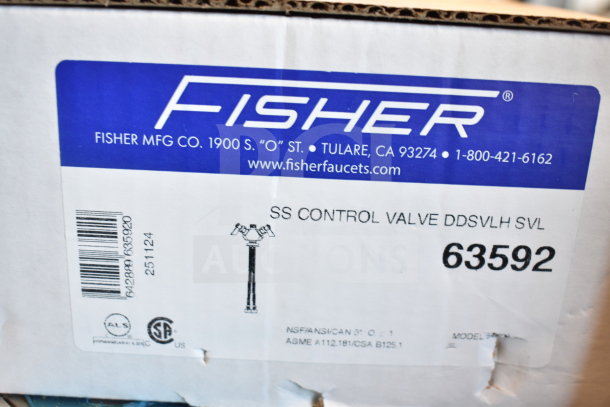 Box with Fisher 63592 SS Control Valve label, featuring model details and contact information.