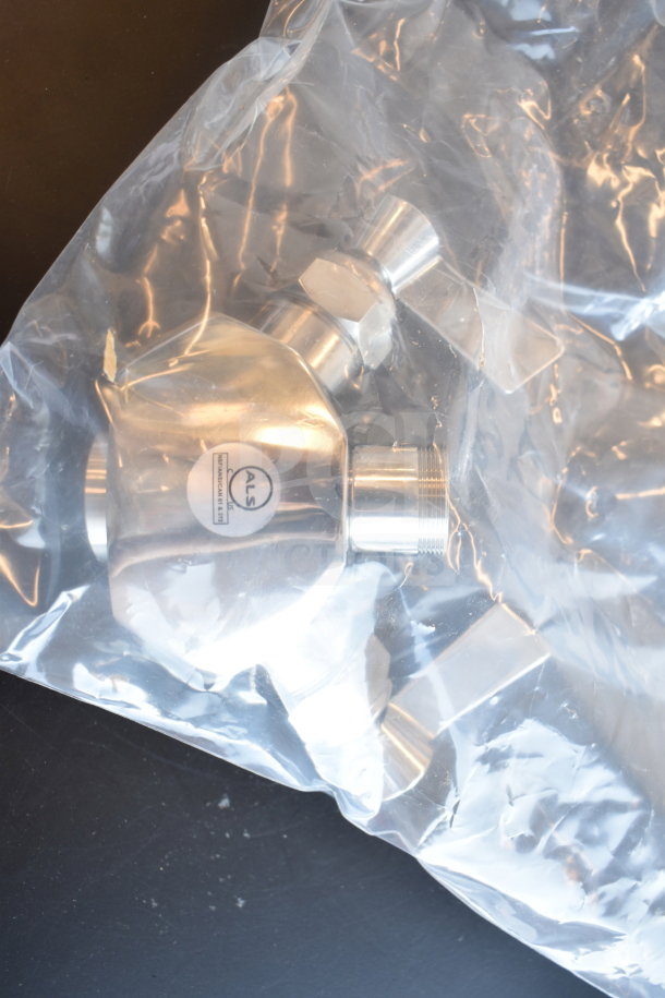 Sealed stainless steel component in plastic bag; features "ALS" marking. New condition, part of a scratch and dent auction lot.