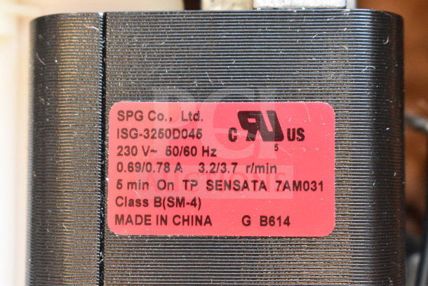 Red label on black motor reads: SPG Co., Ltd., ISG-3250D045, 230V, 50/60Hz, 0.69/0.78A, 3.2/3.7 r/min, Class B(SM-4), Made in China.