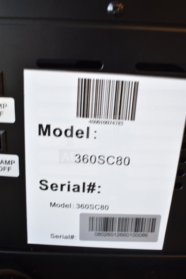Avantco 360SC80 model and serial label on a customizable countertop merchandiser refrigerator, scratch and dent condition.