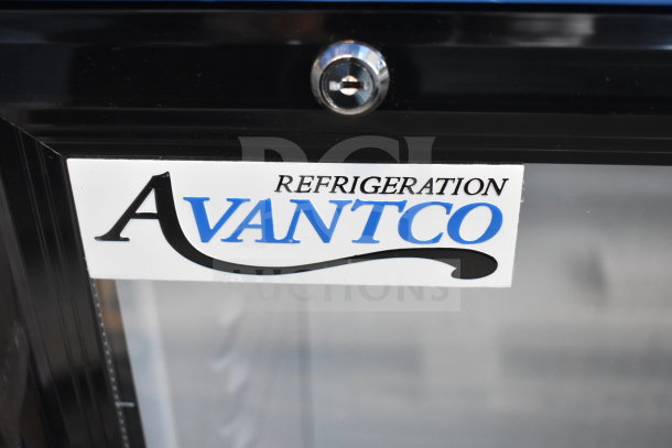 Brand new Avantco 360SC80 countertop merchandiser fridge, 115V, with logo label indicating customization capability.