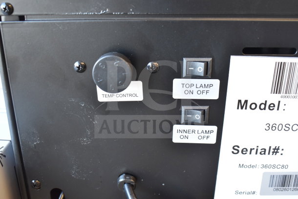 Avantco 360SC80 countertop merchandiser refrigerator controls with temp dial, lamp switches, and model label indicating 115 volts, 1 phase.