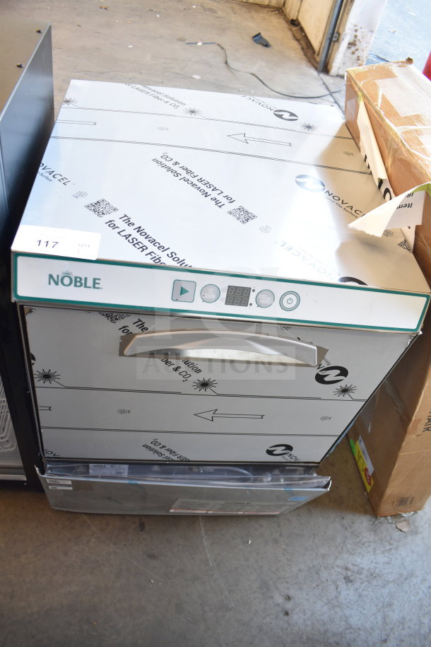 alt="Brand new Noble 495LTUC24 low-temp undercounter dishwasher. Scratch and dent condition. Model and label visible."