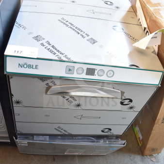 alt="Brand new Noble 495LTUC24 low-temp undercounter dishwasher. Scratch and dent condition. Model and label visible."