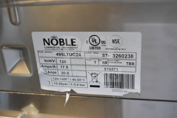 Noble 495LTUC24 dishwasher label showing 120V, 1 phase, UL listed, NSF certified, assembled in Italy, new condition.