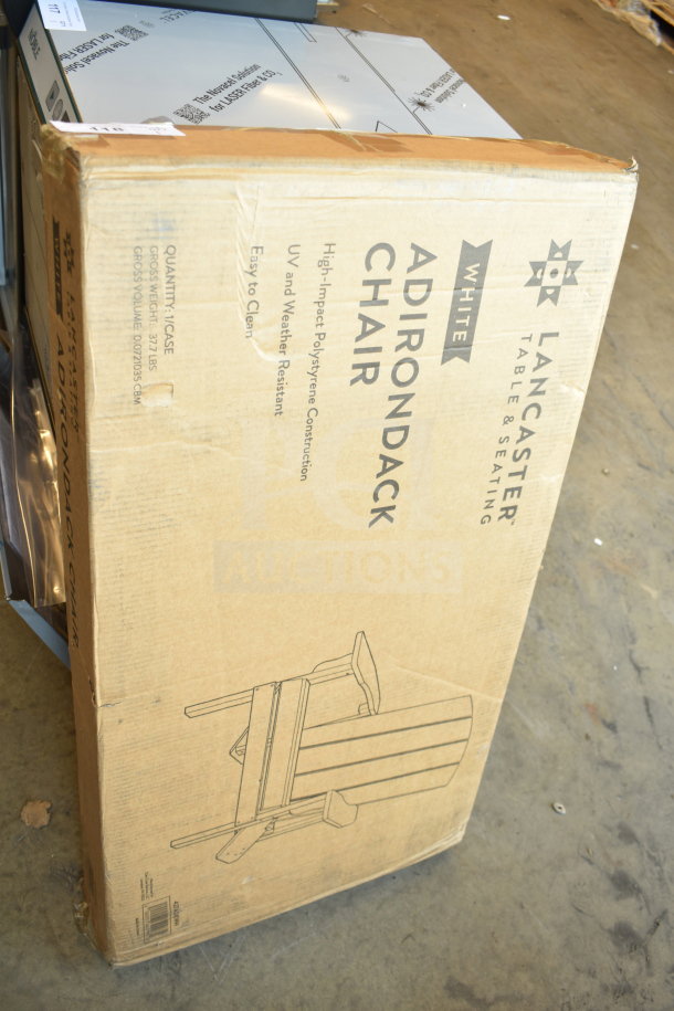 Boxed Lancaster Table & Seating Adirondack Chair in white. Model 427ADKWH, high-impact polystyrene, UV resistant. New with scratch and dent.