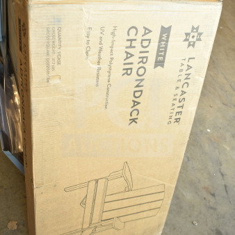 Boxed Lancaster Table & Seating Adirondack Chair in white. Model 427ADKWH, high-impact polystyrene, UV resistant. New with scratch and dent.