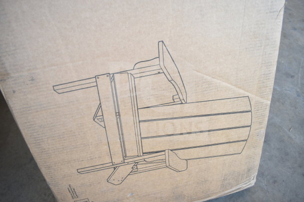 Cardboard box containing 427ADKWH Lancaster Table & Seating white polystyrene Adirondack chair, brand new with scratch and dent.