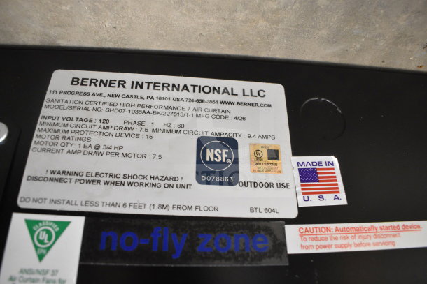 BRAND NEW 2026 Berner SHD07-1036AA-BK 36" Black Ambient Air Curtain, sanitation certified, 120V, 1 phase, NSF-listed, Made in USA.