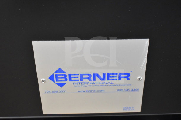 Berner model SHD07-1036AA-BK air curtain label, displaying brand and contact details.