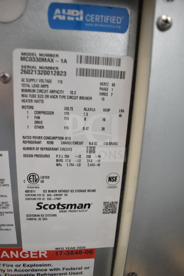 BRAND NEW SCRATCH AND DENT 2026 Scotsman MC0330MAX-1A Ice Machine label showing specifications and certifications.