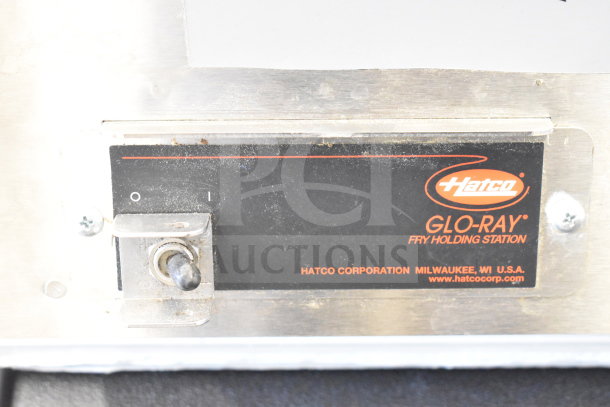 Hatco GRFHS-21 Glo-Ray 21" fry holding station label, showing power switch, logo, and company details.