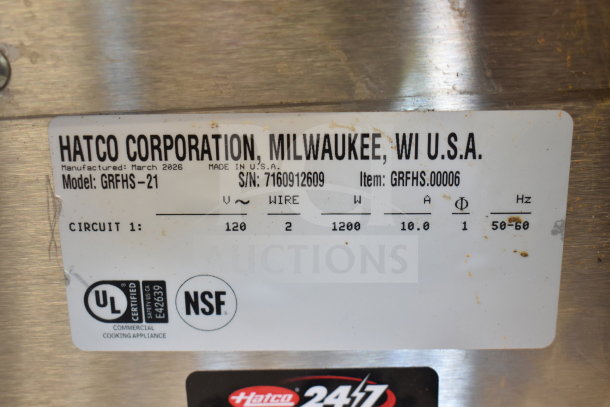 Label of Hatco GRFHS-21 Glo-Ray Fry Station; details include 120V, 1Phase, UL and NSF certified, made in USA.
