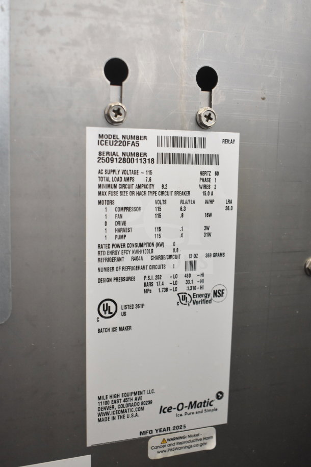 Label of Ice-O-Matic ICEU220FA5 ice machine, indicating 115 volts, 1 phase, NSF and Energy Verified certifications.