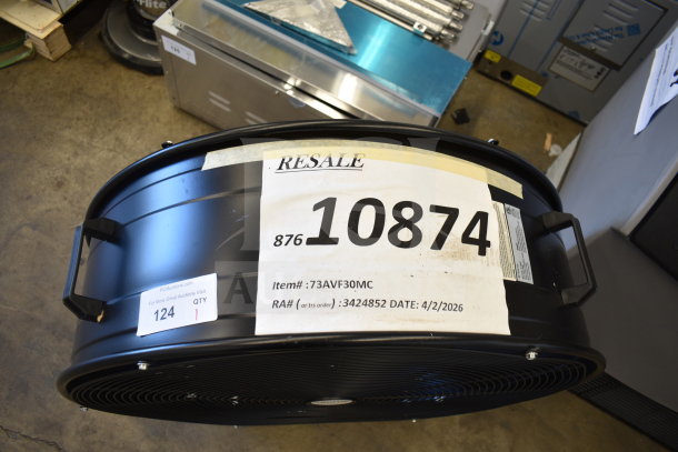 BRAND NEW Boltic 73AVF30MC 30" black drum fan, 3-speed, 9,250 CFM, direct-drive, 120V, tags with item and resale info.