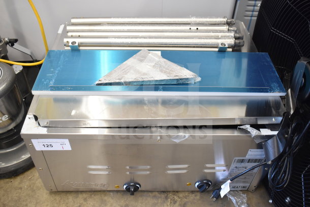 Brand new 2025 Avantco 177STE2S electric steam table with undershelf, 120V, showing minor scratches and dents, with visible label.