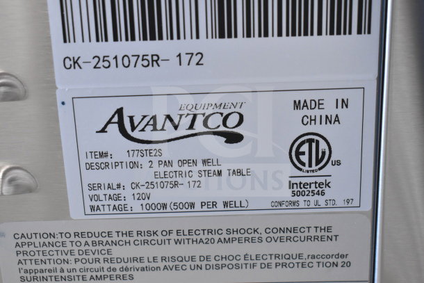 Brand new Avantco 177STE2S two-pan open well electric steam table with undershelf. Label shows 120V, 1 Phase, 1000W.