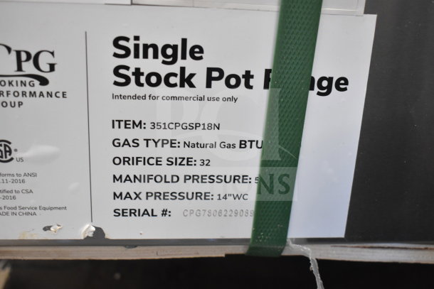 New Cooking Performance Group CPG-SP-18-N Natural Gas Stock Pot Range, 80,000 BTU, Model 351CPGSP18N, scratch and dent.