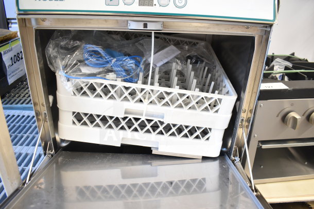 Brand new 2025 Noble 495LTUC24 low-temp undercounter dishwasher with visible racks and accessories, 120V, 1 Phase.