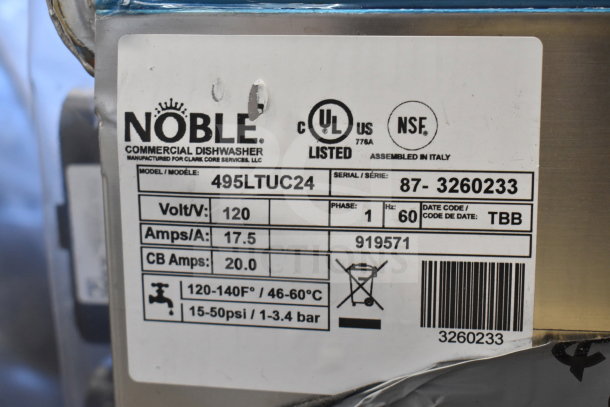New Noble 495LTUC24 low-temp undercounter dishwasher, 120V, 1 phase. Label shows model details and certifications.
