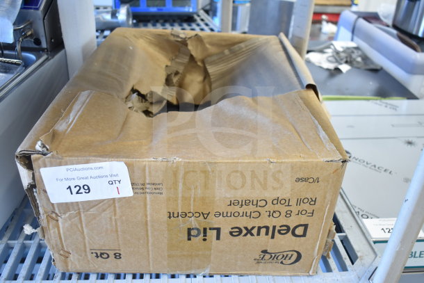 BRAND NEW Choice 407RTCHROMLD Deluxe 8 Qt. Roll Top Chrome Trim Chafer Cover, packaging is damaged.