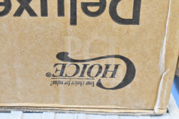 Box with "Choice" brand logo for a new, scratch and dent 8 Qt. rectangular roll top chrome trim chafer cover.