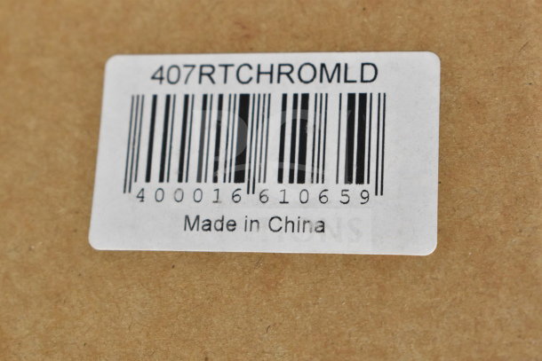 Barcode label showing item number 407RTCHROMLD, indicating a Choice Deluxe 8 Qt. Chafer Cover, made in China.