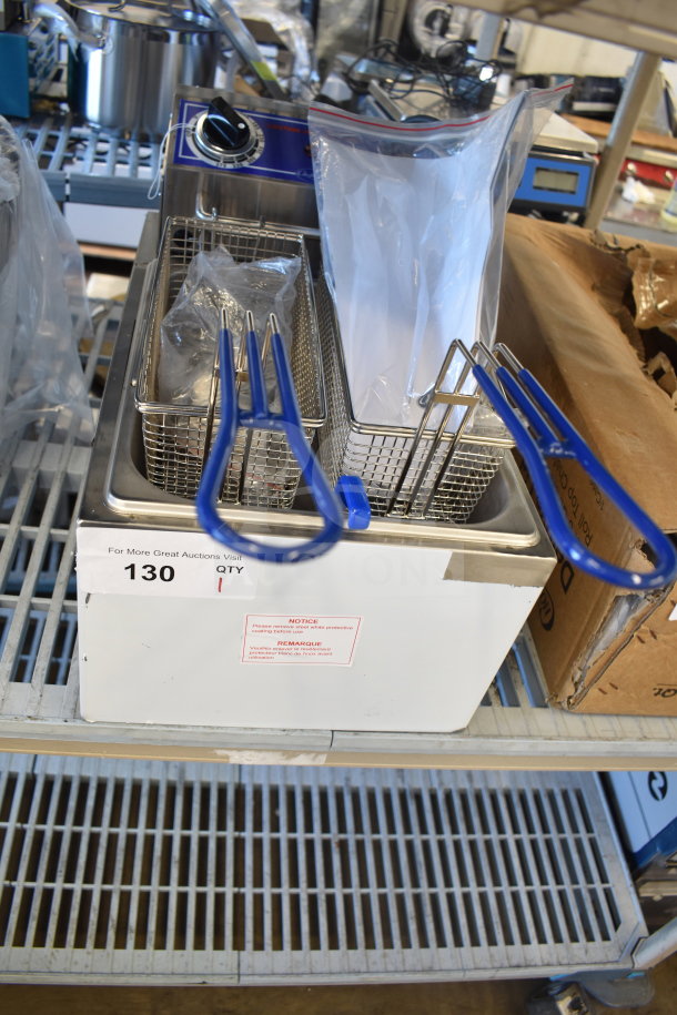 BRAND NEW Globe Chefmate PF10E 10 lb. Electric Fryer, 120V, 1 Phase. Countertop design, blue handles, includes baskets.