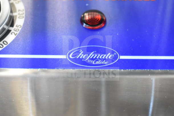 Brand new Globe Chefmate PF10E fryer, 10 lb capacity. Features visible label, 120V, 1 Phase. Scratch and dent condition.