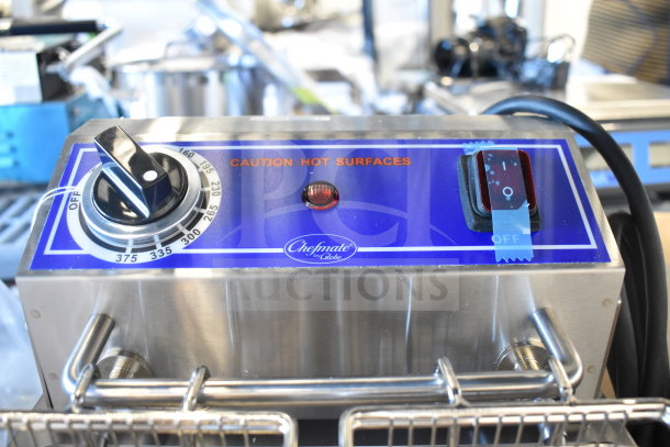 Brand new Globe Chefmate PF10E 10 lb. electric countertop fryer, 120 volts, 1 phase, with caution labels and control knob.