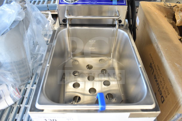 Brand new Globe Chefmate PF10E electric countertop fryer, 10 lb. capacity, 120 volts, with scratch and dent condition.