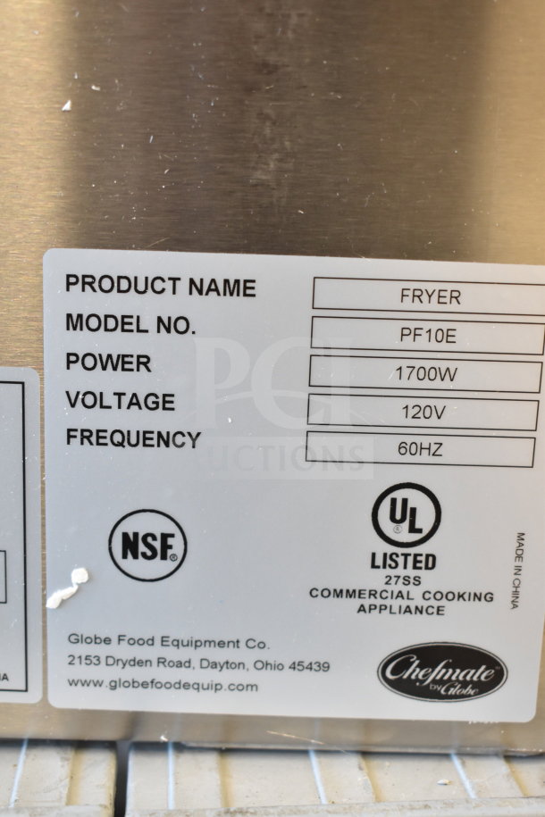 New Globe Chefmate PF10E 10 lb. Electric Fryer, 120V, 1700W. Scratch and dent, NSF and UL listed, model label shown.