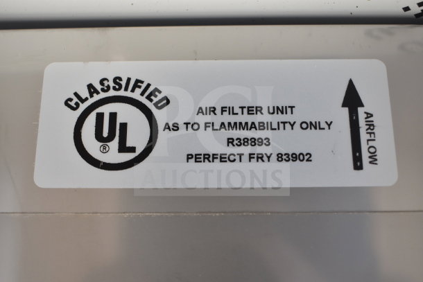 Perfect Fry 84291 Air Filter Kit UL label indicating flammability compliance for ventless deep fryers.