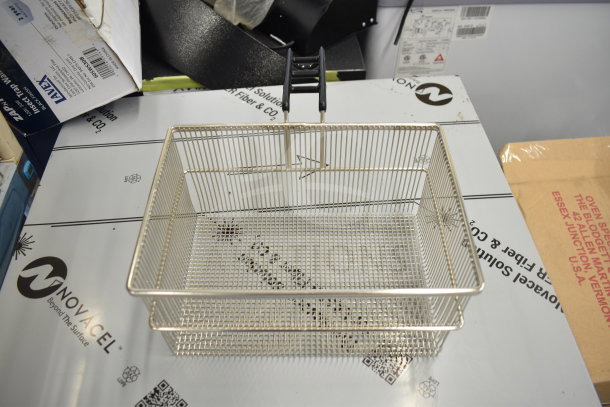 Stainless steel Blodgett 8281 basket for deep fryers, unused, mesh design with black handle.