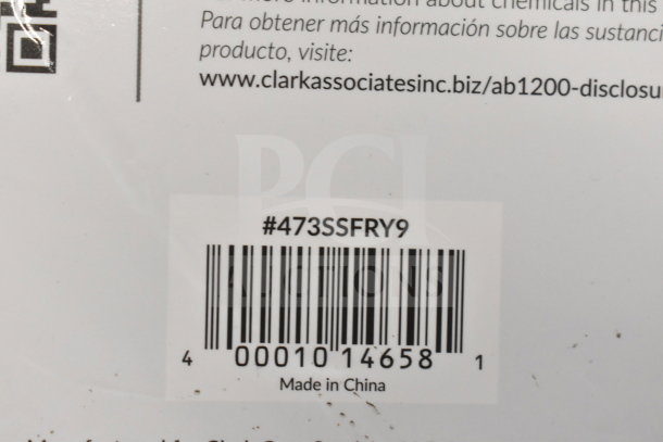 Barcode label showing item number #473SSFRY9, indicating a Vigor SS1 Series 9 1/2" stainless steel fry pan, made in China.
