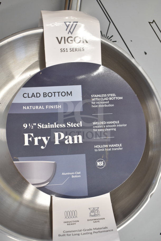 Vigor SS1 Series 9 1/2" stainless steel fry pan with aluminum-clad bottom, label highlighting features. Scratch and dent condition.
